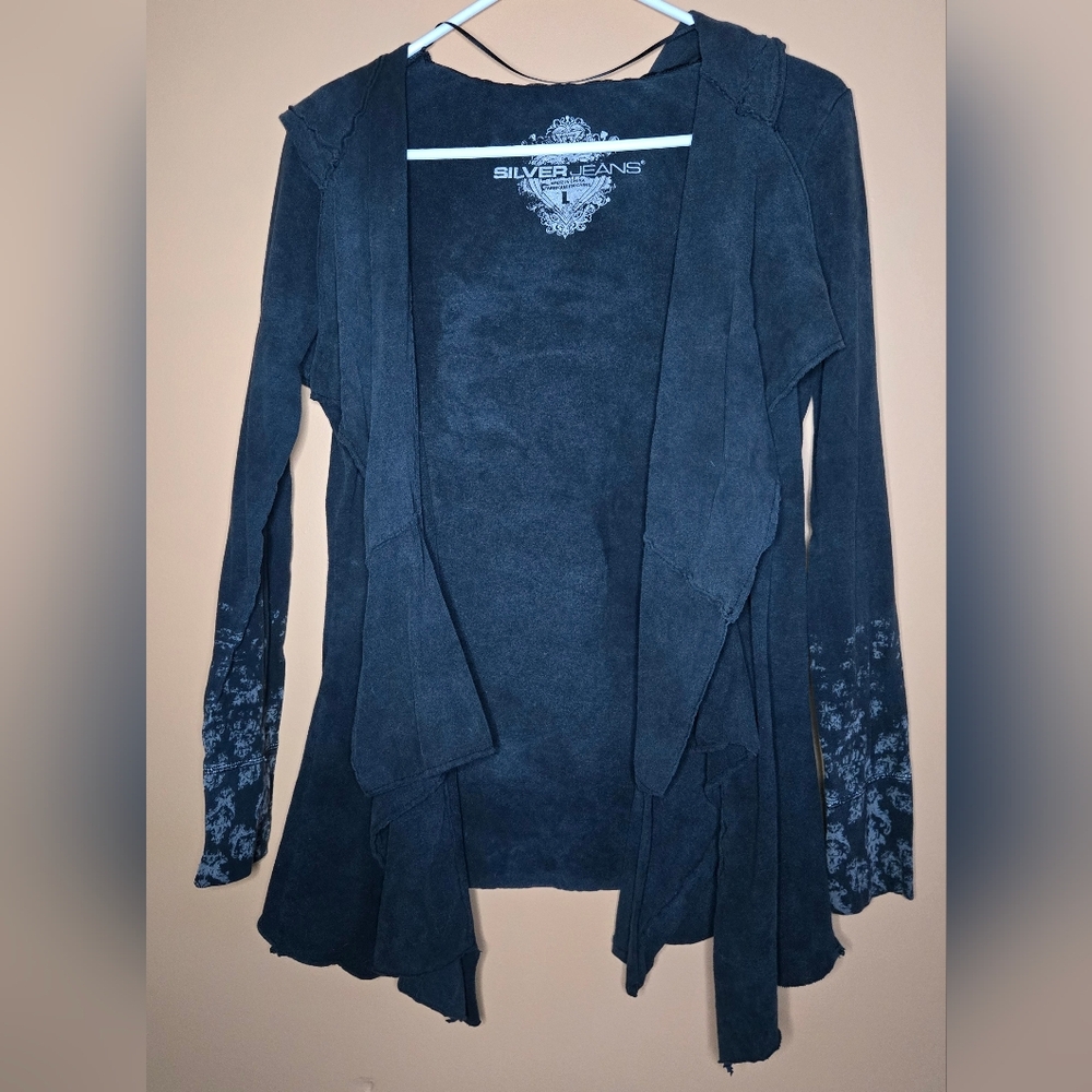Silver Jeans Open Cardigan Pattern Sleeves Asymmetrical Hem, PTP=17"